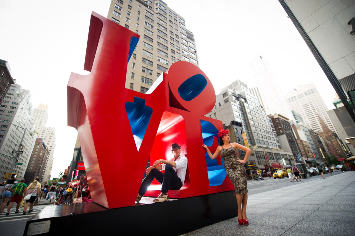 vintage engagement photos love sculpture new york city ny