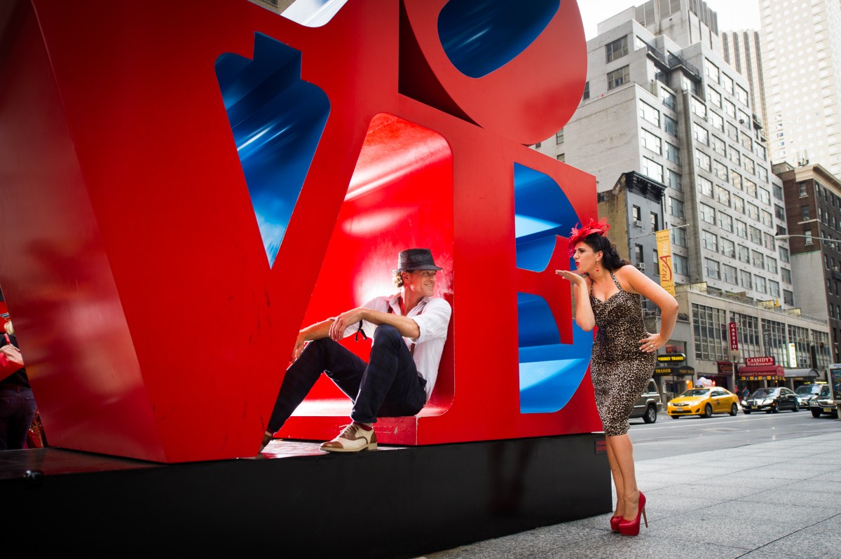 vintage engagement photos love sculpture new york city ny