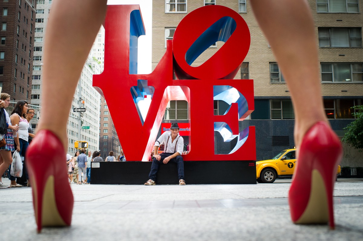 vintage engagement photos love sculpture new york city ny